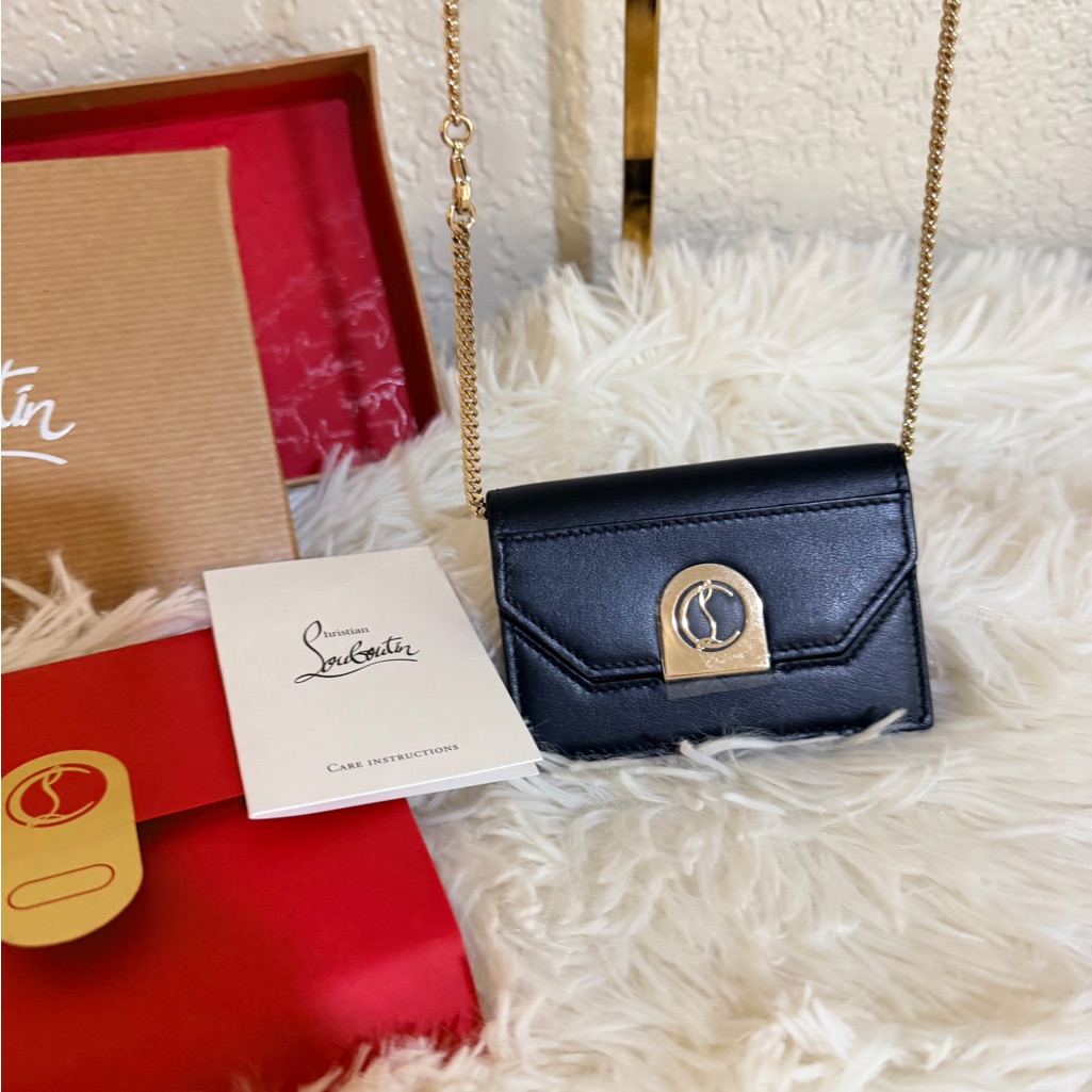 Christian Louboutin Black And Gold Card Holder Cross Body Red Lining